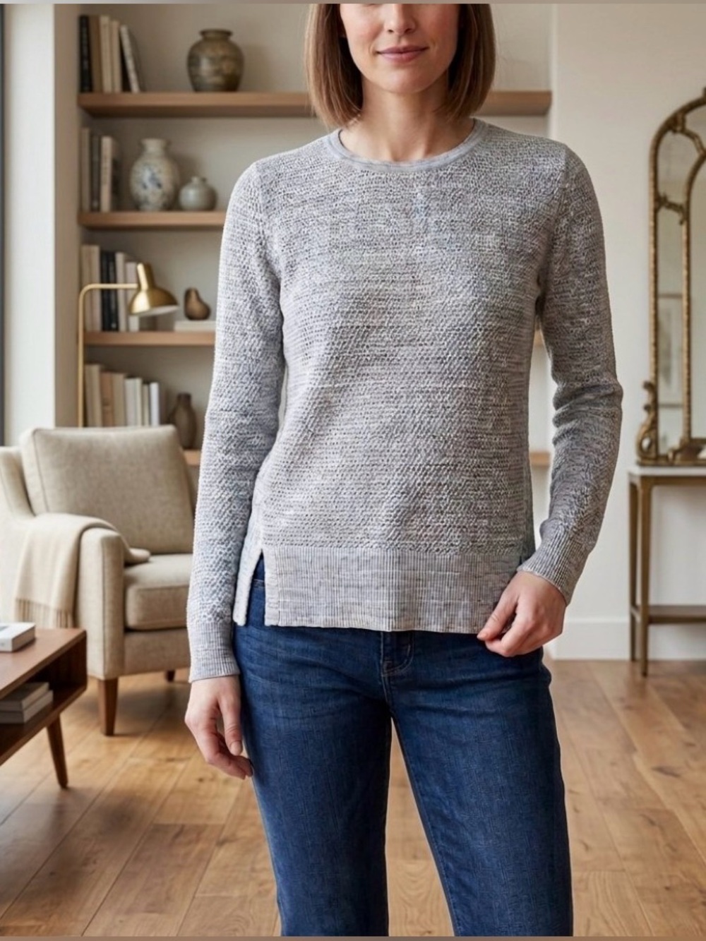 Loft marled gray crewneck sweater with front slits. Size S.